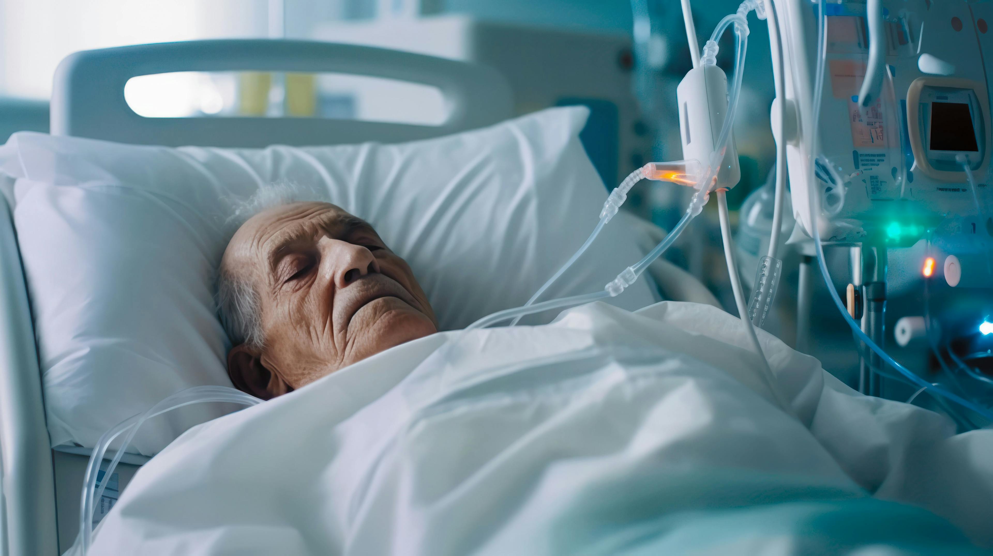 Old Man patient lies in coma in the bed of a geriatric center. Patient in hospital bed maintains life artificially with a machine