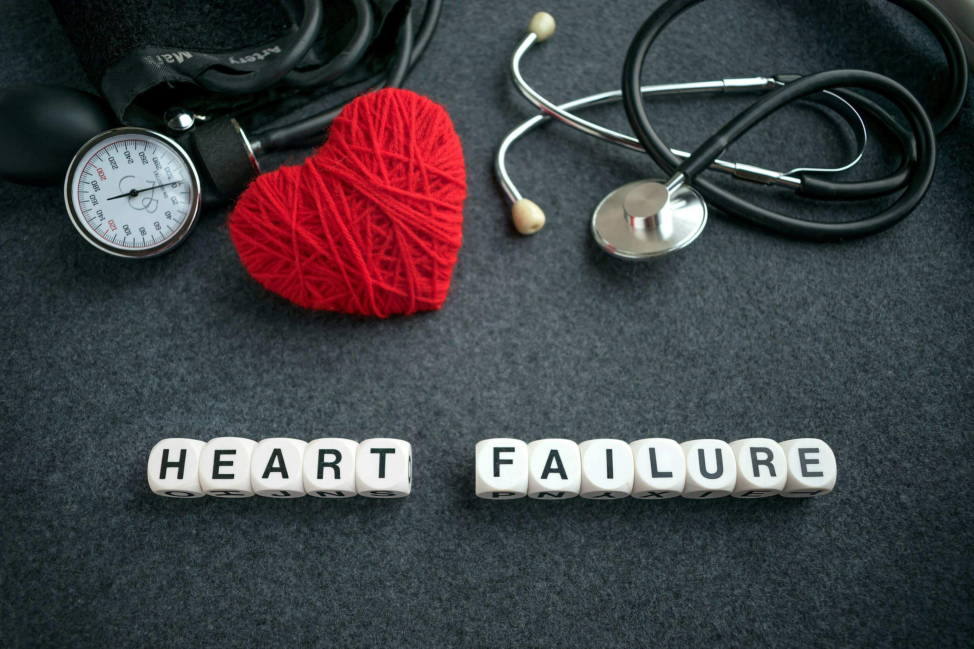 Word HEART FAILURE from white cubes with letters on dark background with red thread heart and tonometer. HEART FAILURE inscription with medical equipment for heart diagnostics, stethoscope | Image Credit: irissca - stock.adobe.com