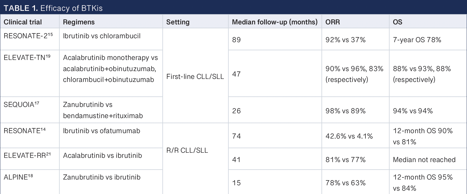 Table 1: Efficacy of BTKis -- BTKi, Bruton tyrosine kinase inhibitor; CLL, chronic lymphocytic leukemia; ORR, overall response rate; OS, overall survival; R/R, relapsed/refractory; SLL, small lymphocytic lymphoma.