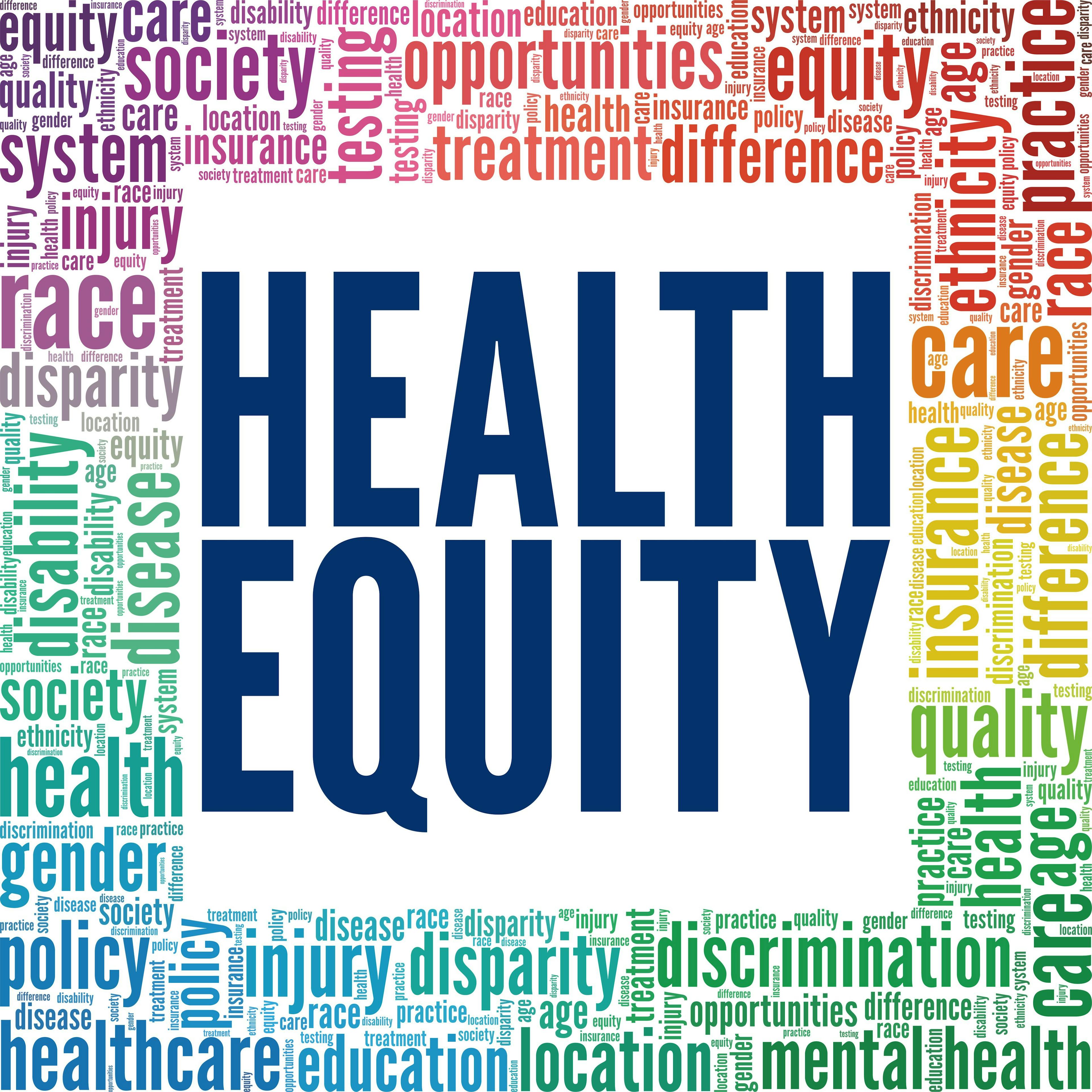 Health Equity word cloud conceptual design isolated on white background.. Credit: Colored Lights - stock.adobe.com