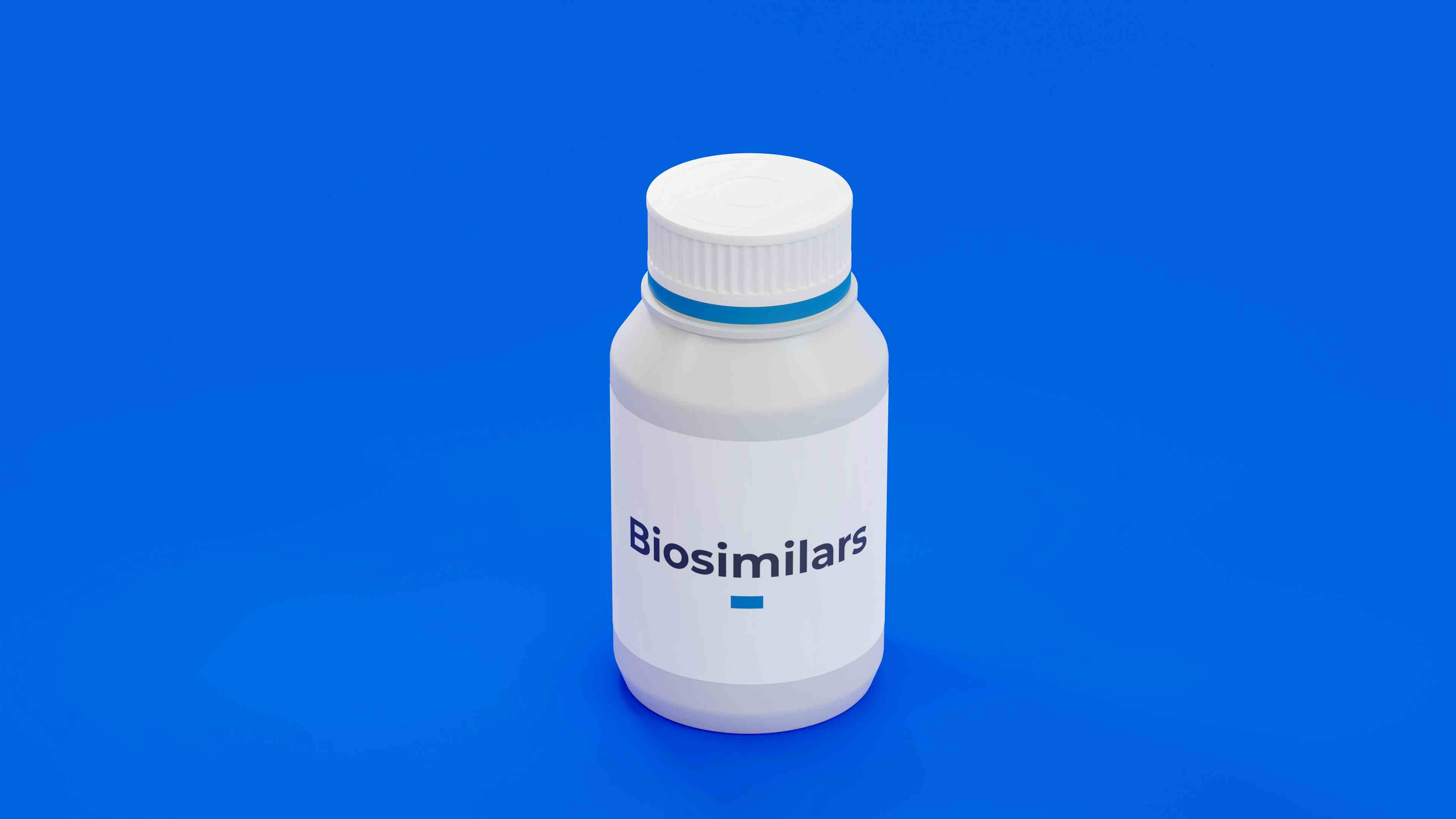 Biosimilar pharmaceutical drug bottle on blue background. | Image Credit: Carl - stock.adobe.com