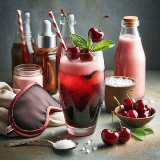 Mocktail with cherry juice, prebiotic soda, and magnesium with an eye mask. Image Credit: Generated with AI on May 2, 2024 at 9:51 AM
