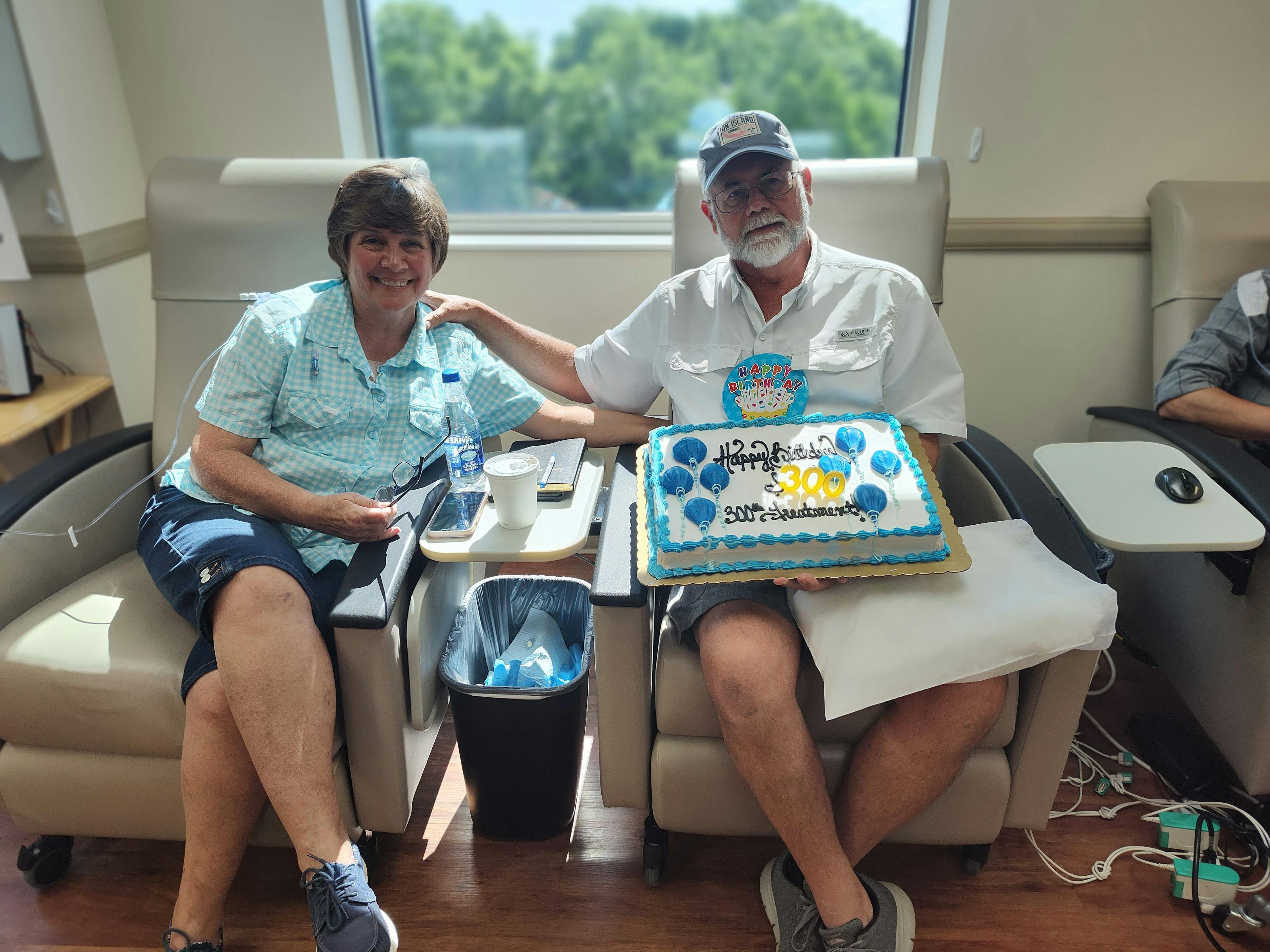 Carl and his wife celebrating his 300th infusion with siltuximab on his birthday.