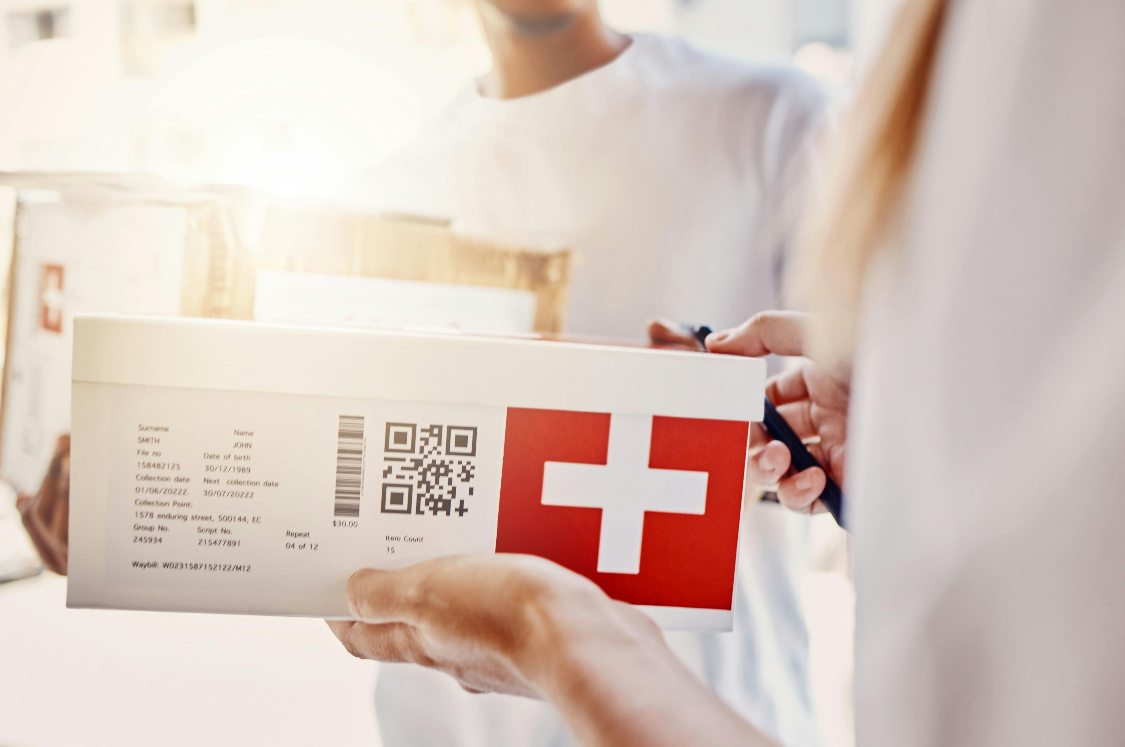 Delivery, box and people with QR code for healthcare, package and e commerce courier services. Telehealth supplier giving mail, post or pharmacy shipping to woman