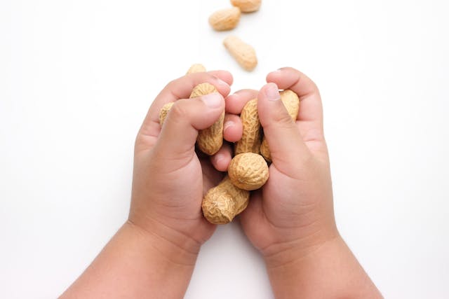 Children's Hand Holding Peanuts, isolated on a white background - Image credit: Tanawut | stock.adobe.com