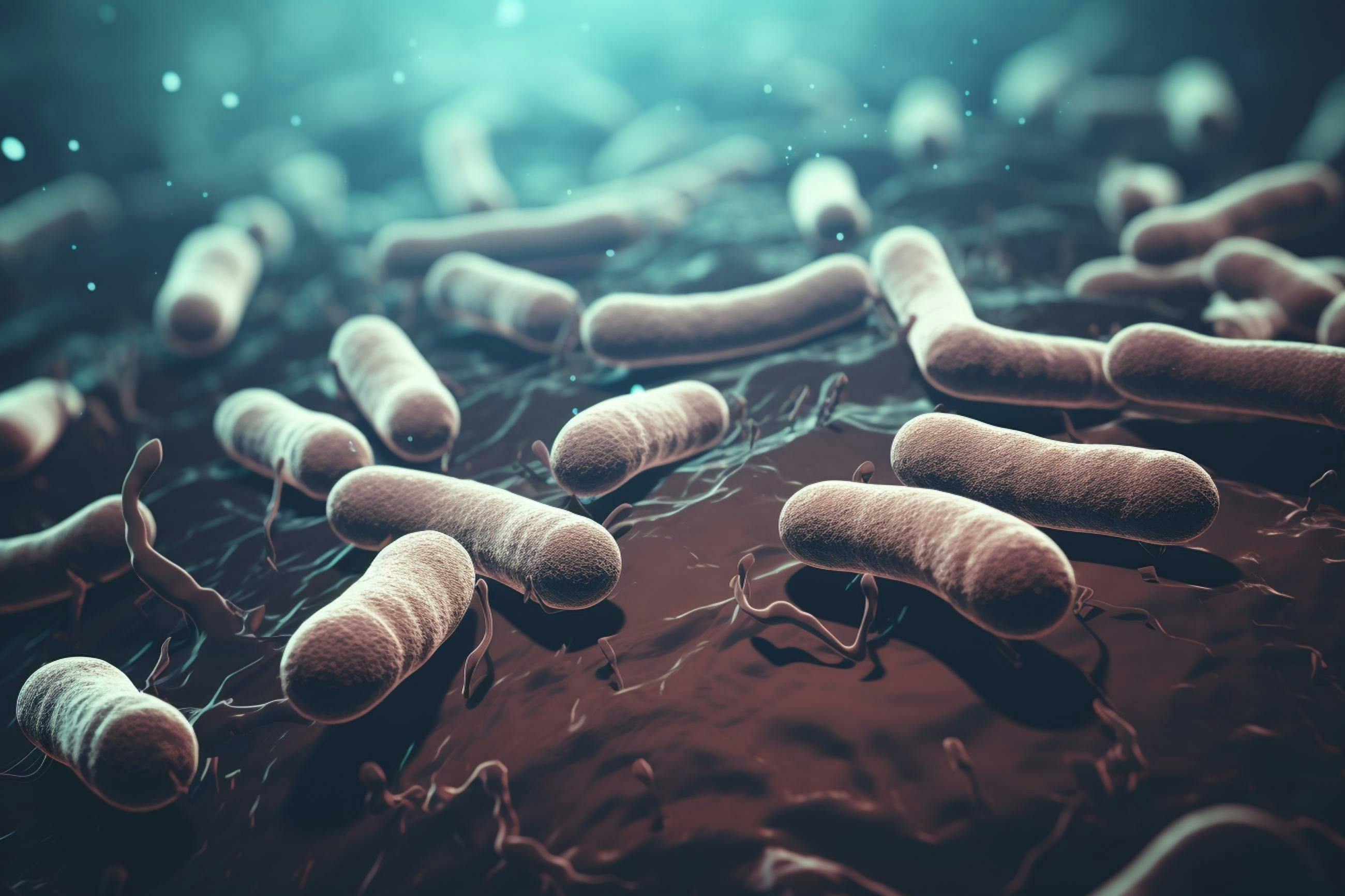 Illustration of harmful bacteria - E. coli or Salmonella, microscopic germs causing infections, gram-negative bacterium, scientific background. Credit: Jairo - stock.adobe.com