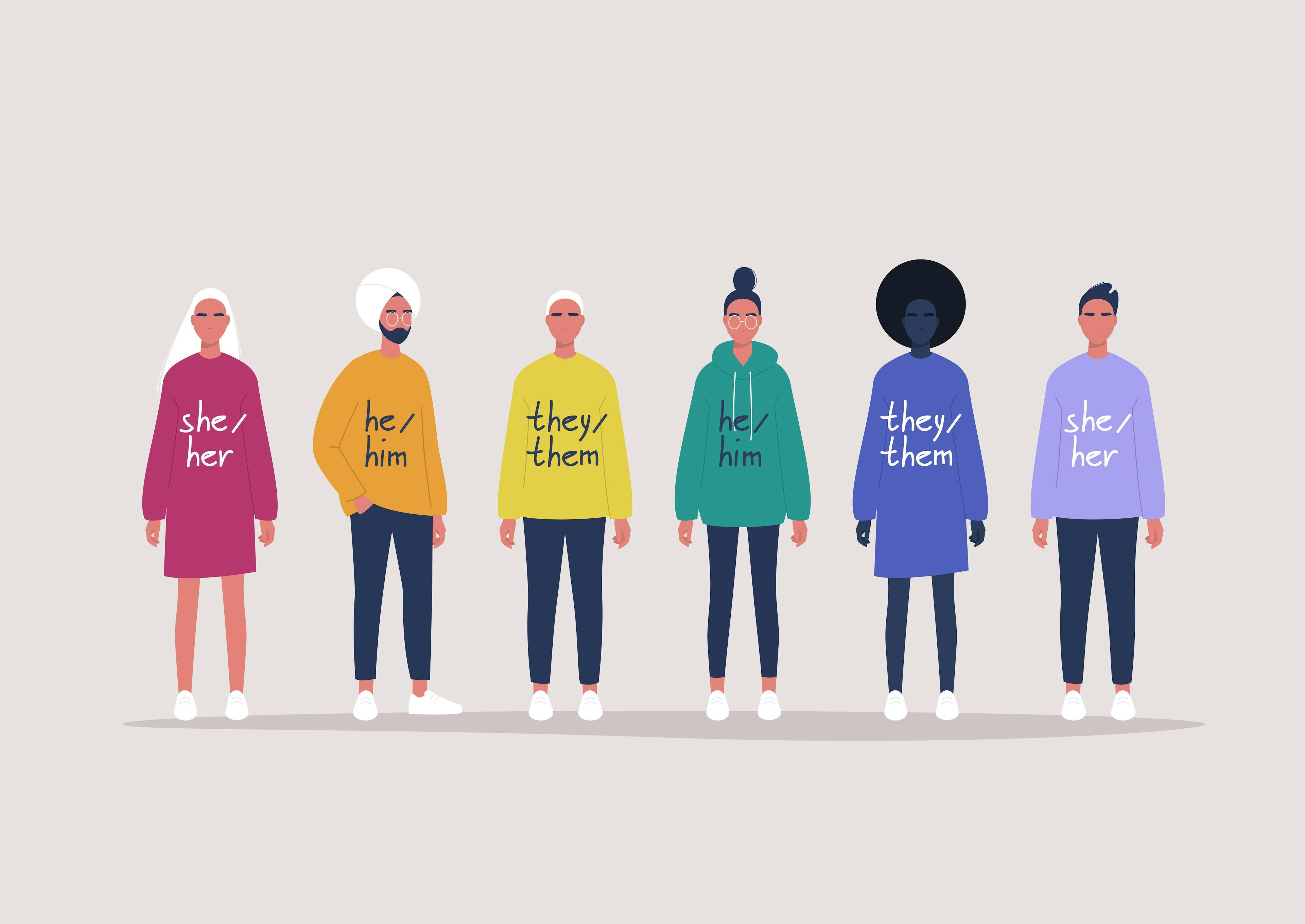 Artistic rendering of young people wearing sweaters with gender pronouns on them | Image credit: nadia_snopek - stock.adobe.com