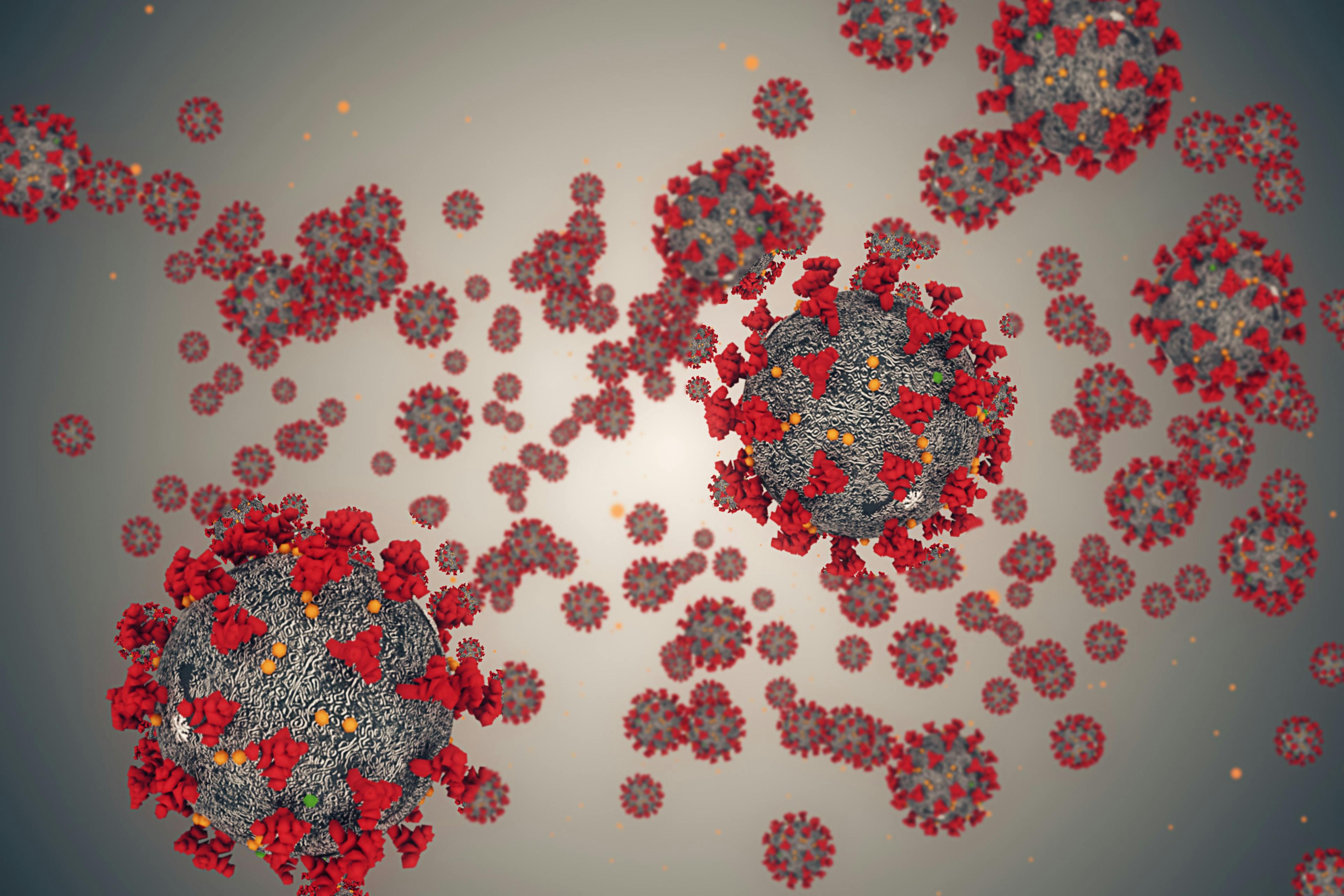 3D rendering, coronavirus cells covid-19 influenza flowing on grey gradient background as dangerous flu strain cases as a pandemic medical health risk concept of disease cells risk | Image Credit: donfiore - stock.adobe.com