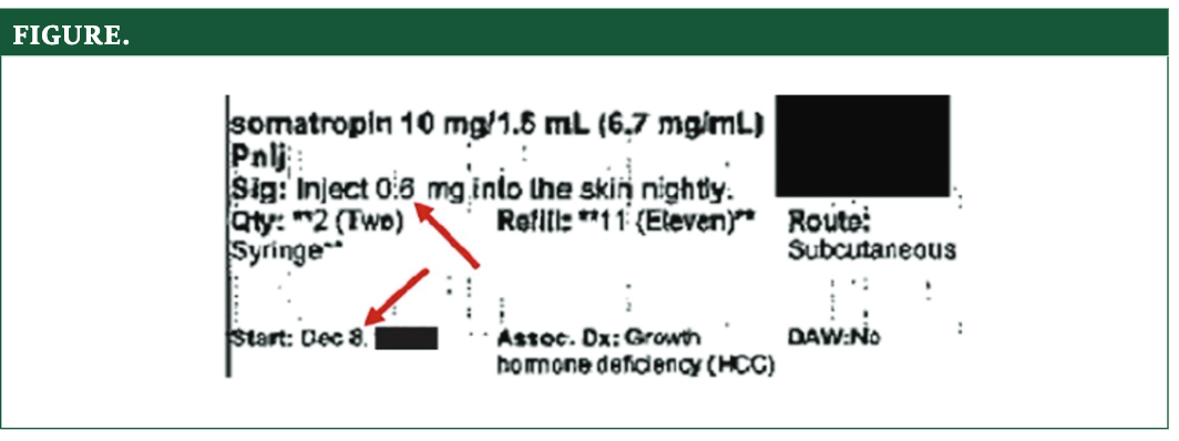 The numeral 6 in the sig field and start date field, indicated by the red arrows, was misinterpreted as the numeral 8 due to the poor quality of the faxed prescription.