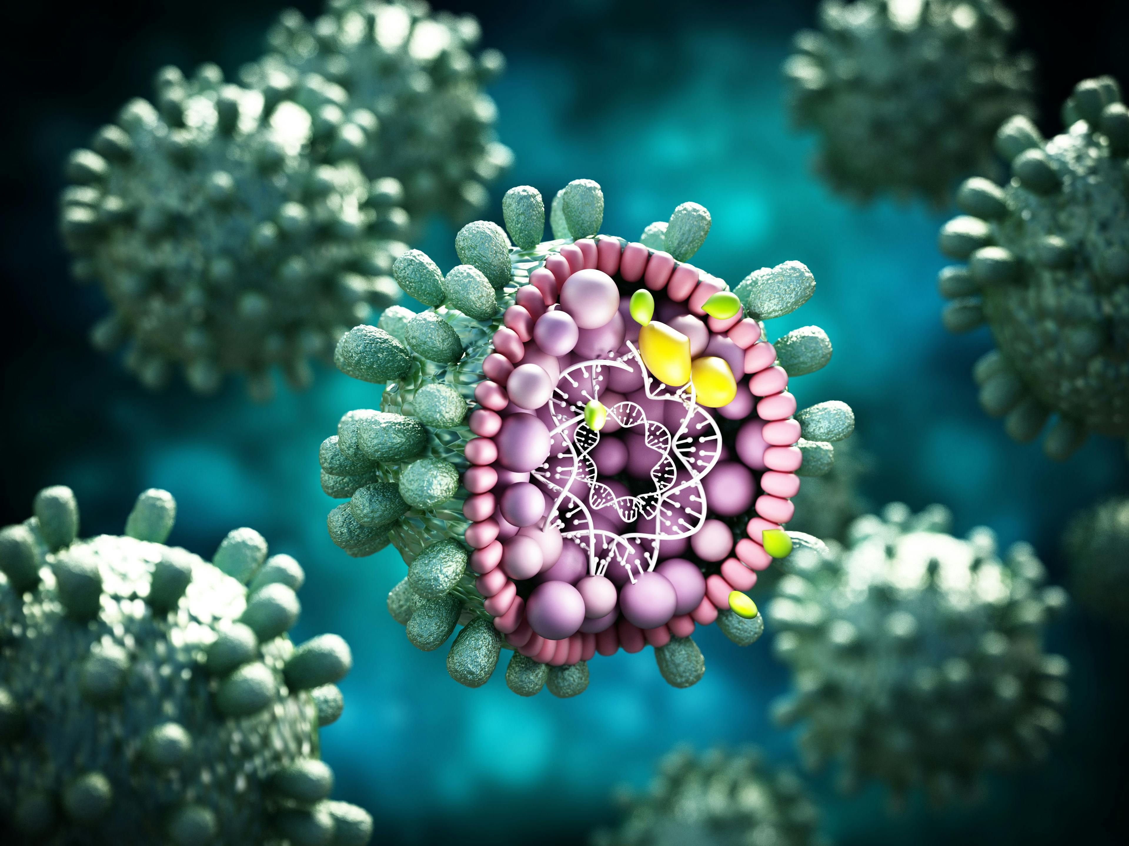 Structural detail of Hepatitis B virus on blue-green background. 3D illustration | Image Credit: Destina - stock.adobe.com