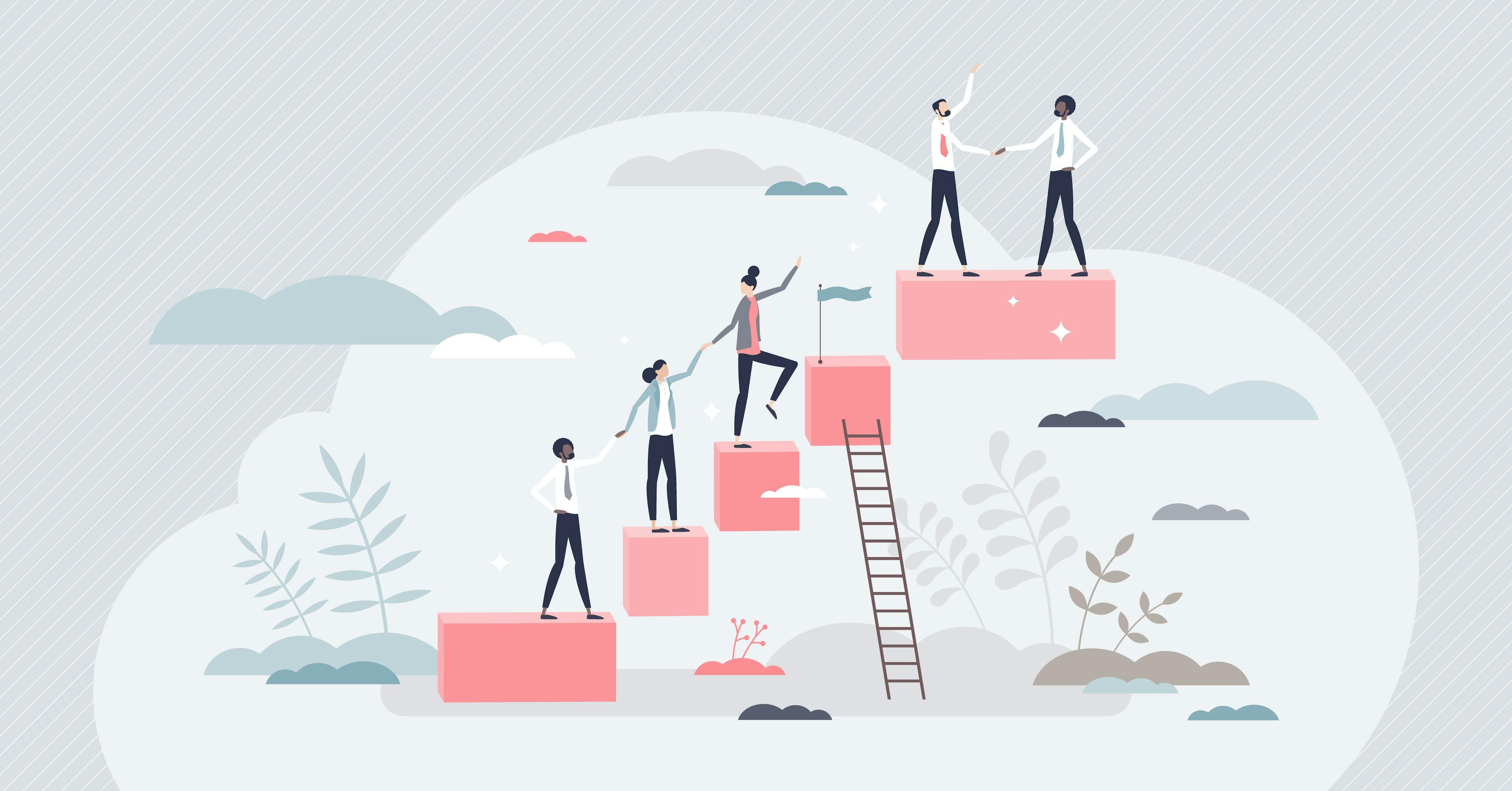 Onboarding new staff member and company work training tiny person concept. Employee career ladders and job guide or task explanation steps vector illustration. Manager qualification or growth process.