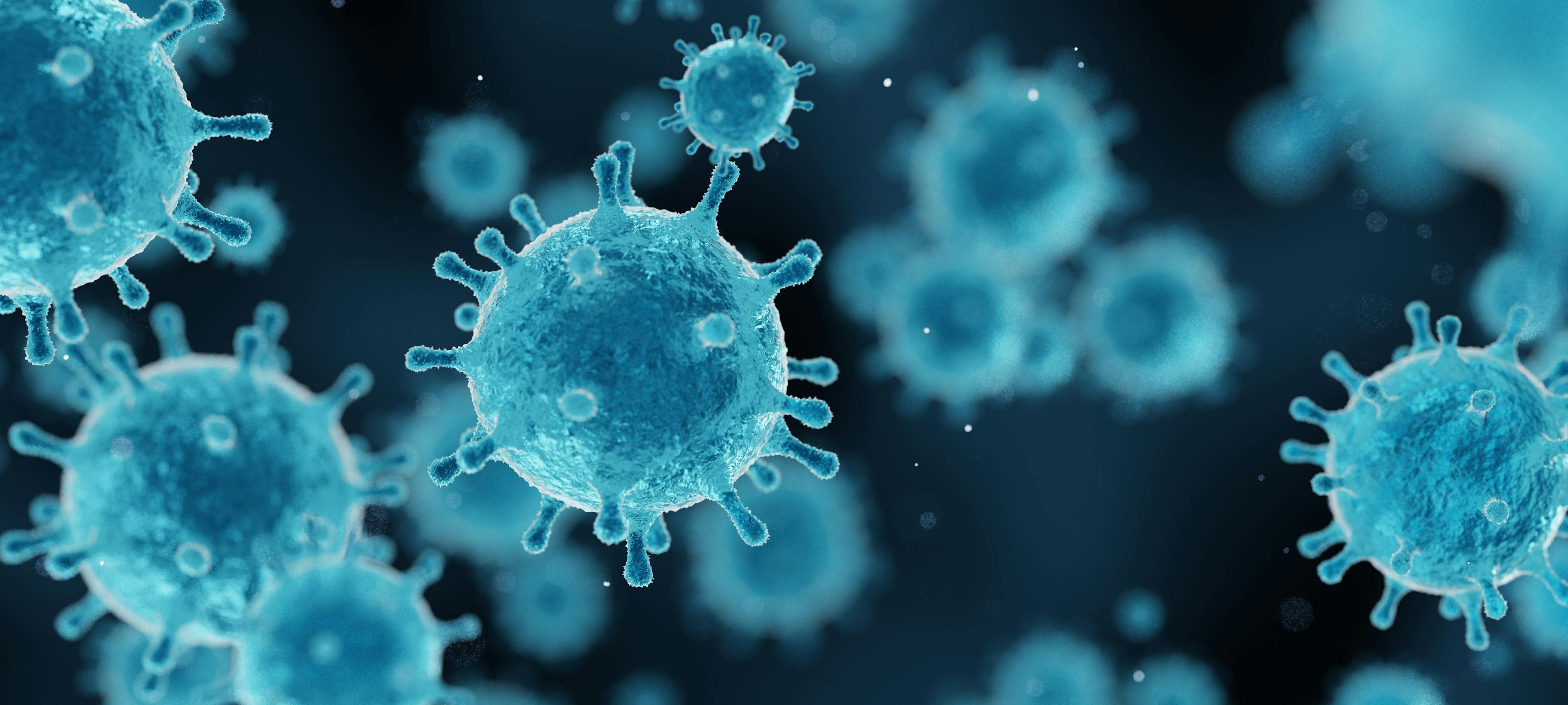 corona virus 2019-ncov flu outbreak, covid-19 3d banner illustration, microscopic view of floating influenza virus cells | Image Credit: CREATIVE WONDER - stock.adobe.com
