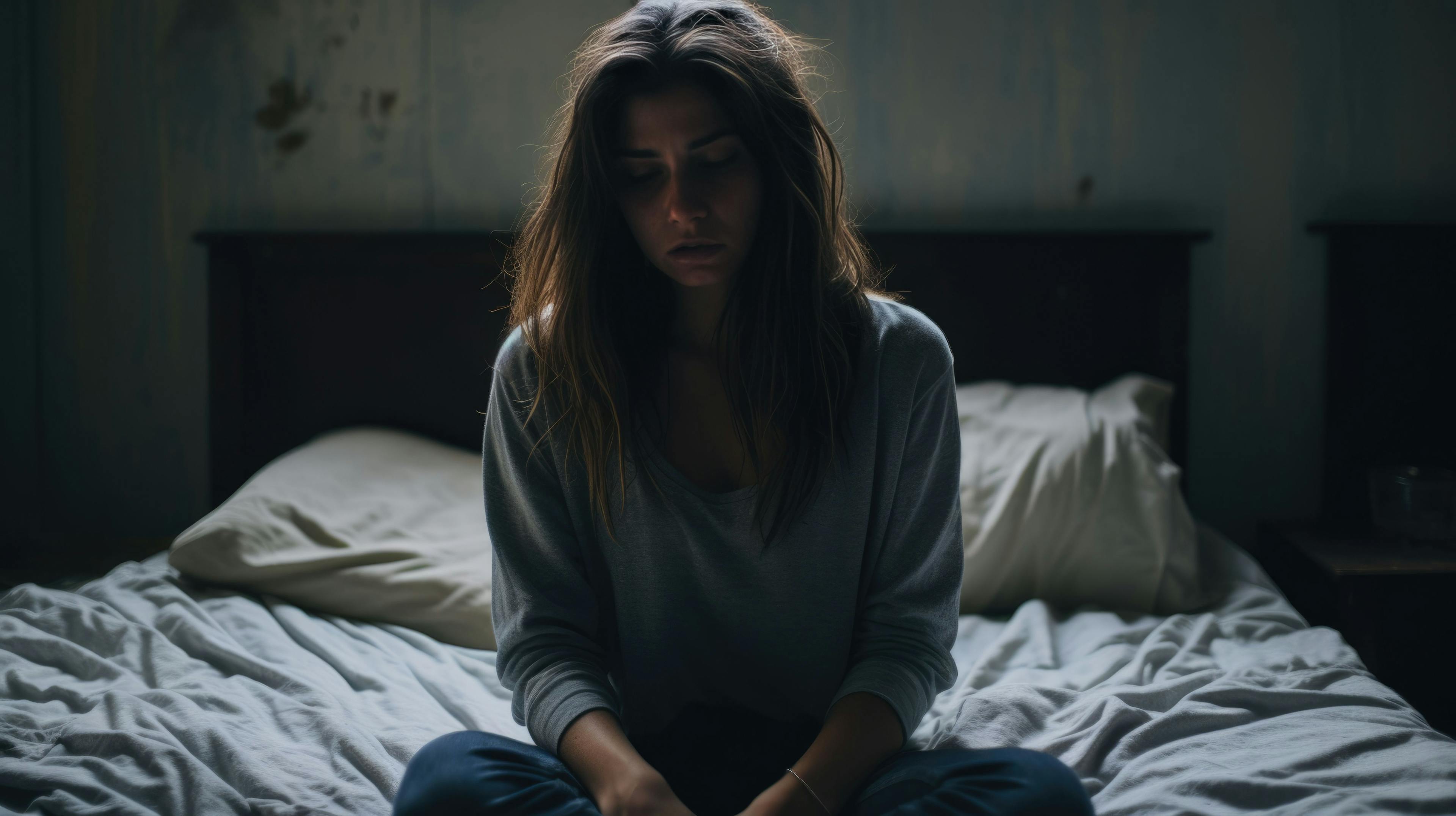 Woman Suffering From Depression Sitting On Bed In Pajamas - Image credit: MP Studio | stock.adobe.com
