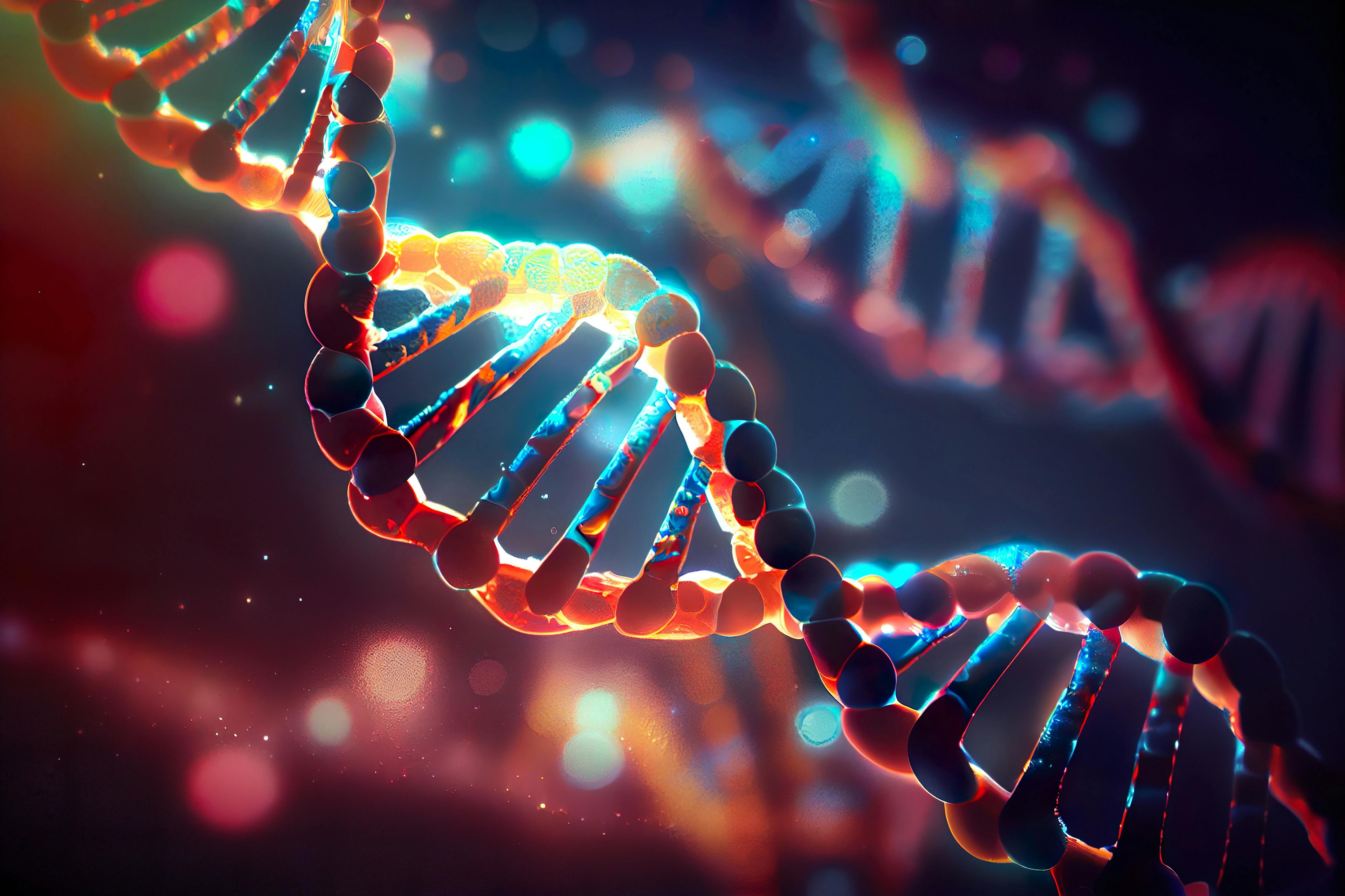 Dna helix enlarged model in bright colors and spots, Generative AI | Image credit: Radomir Jovanovic - stock.adobe.com