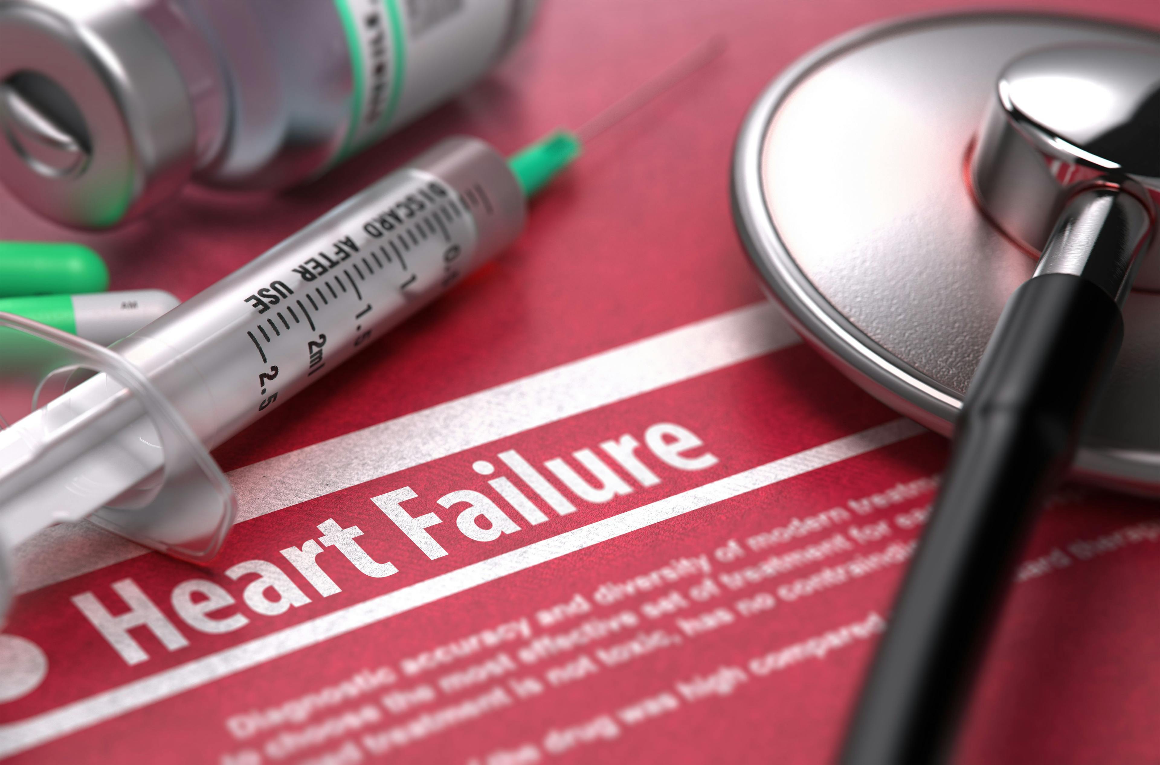 Heart Failure - Printed Diagnosis on Red Background with Blurred Text and Composition of Pills, Syringe and Stethoscope. Medical Concept. Selective Focus. 3D Render. 