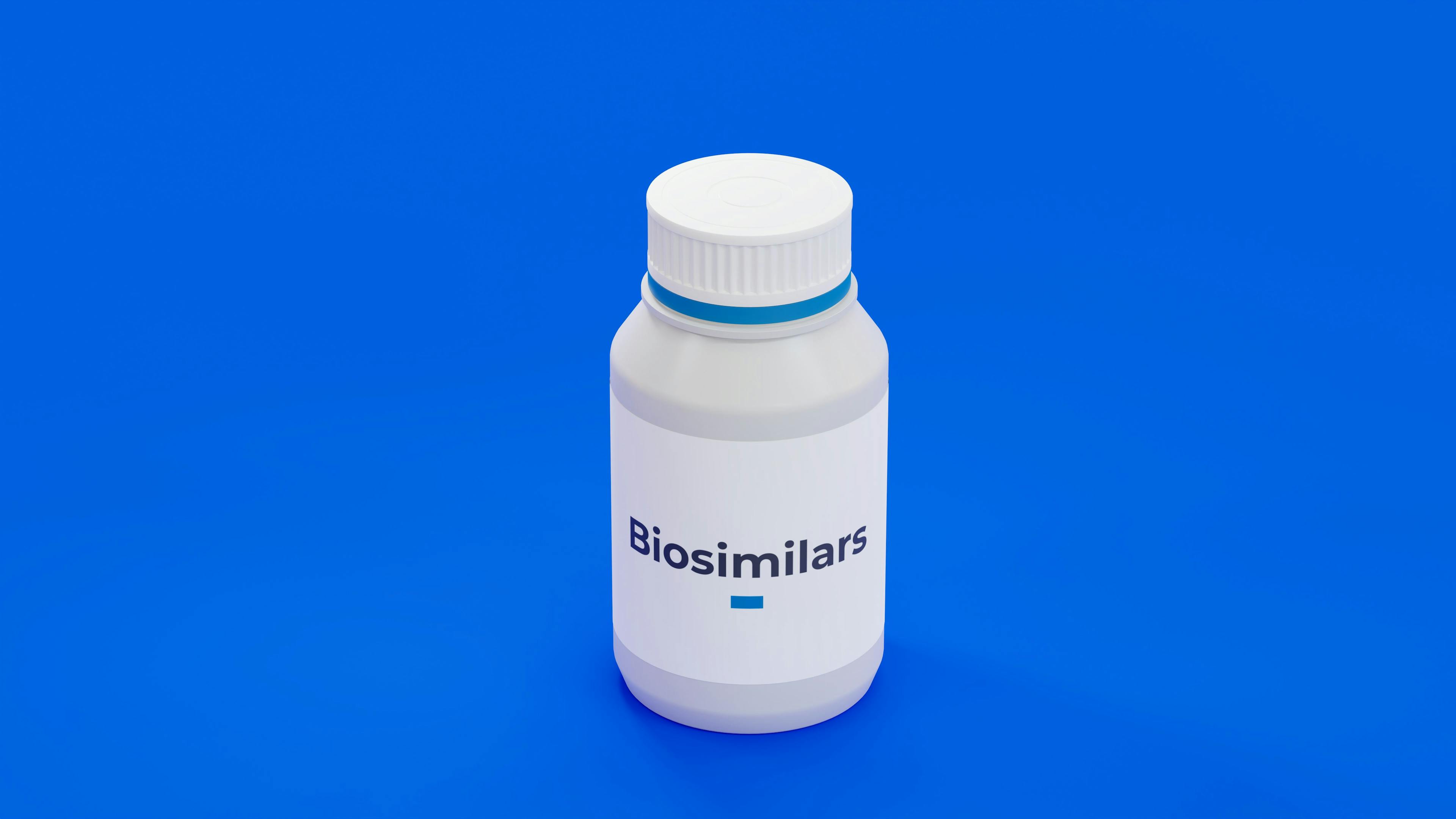 Biosimilar pharmaceutical drug bottle on blue background. A safe biological drug that work like biologic medicine. 3d illustration. Credit: Carl - stock.adobe.com
