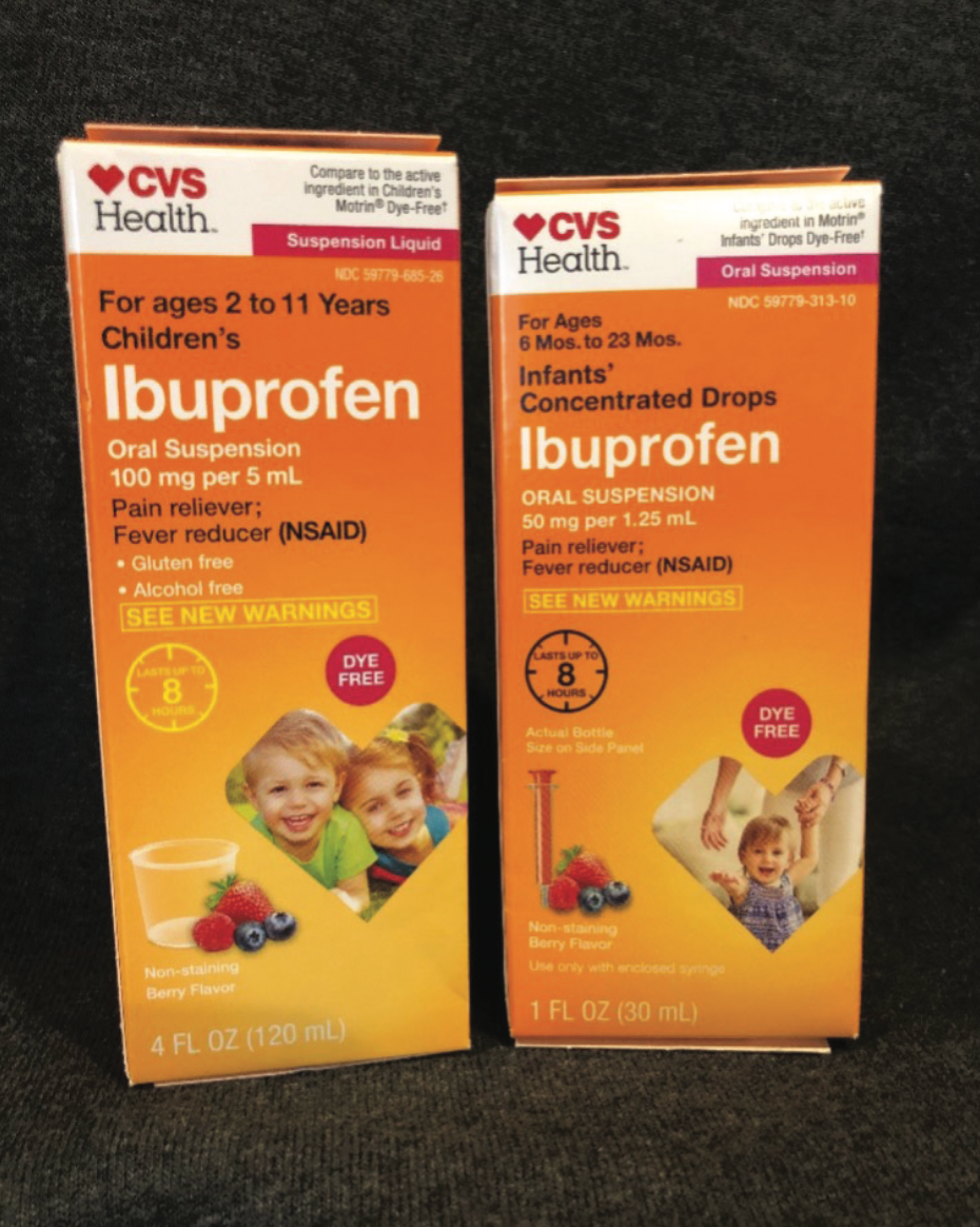 Dosing errors have occurred when parents and practitioners mix up children’s ibuprofen (100 mg/5 mL), left, and infant concentrated ibuprofen (50 mg/1.25 mL), right.