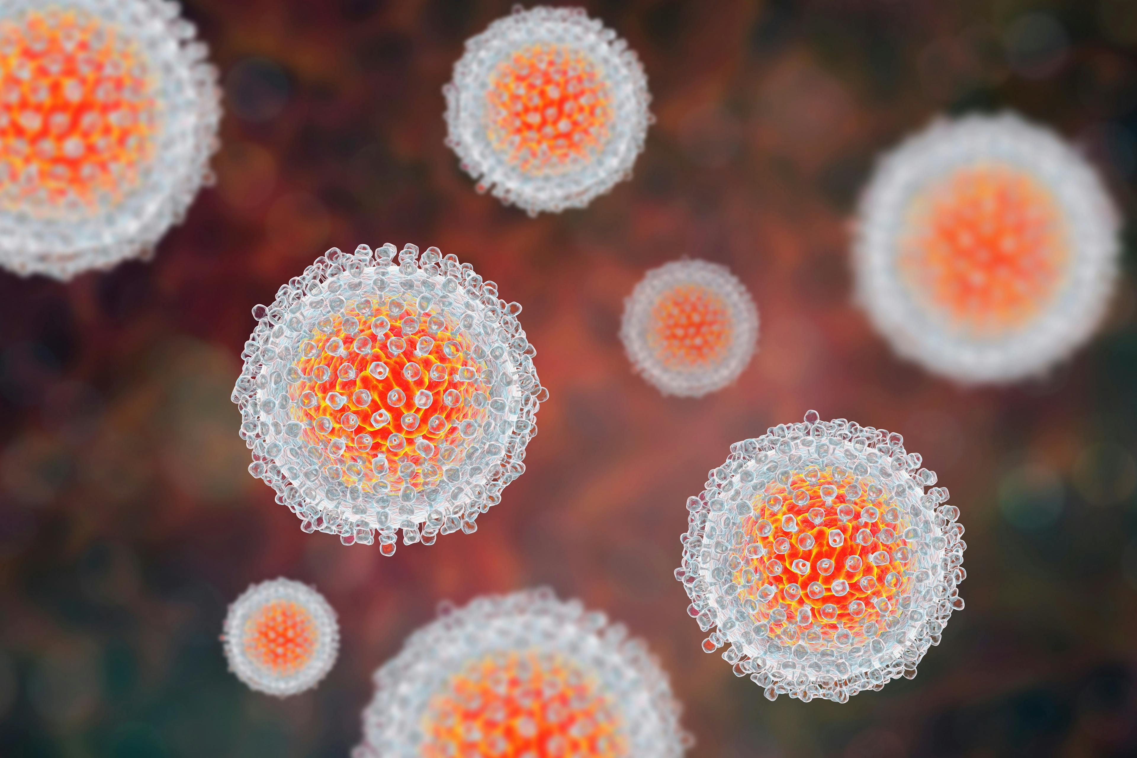 Hepatitis C virus model, 3D illustration. A virus consists of a protein coat, capsid, surrounding RNA and outer lipoprotein envelope with two types of glycoprotein spikes, E1 and E2 | Image Credit: Dr_Microbe - stock.adobe.com