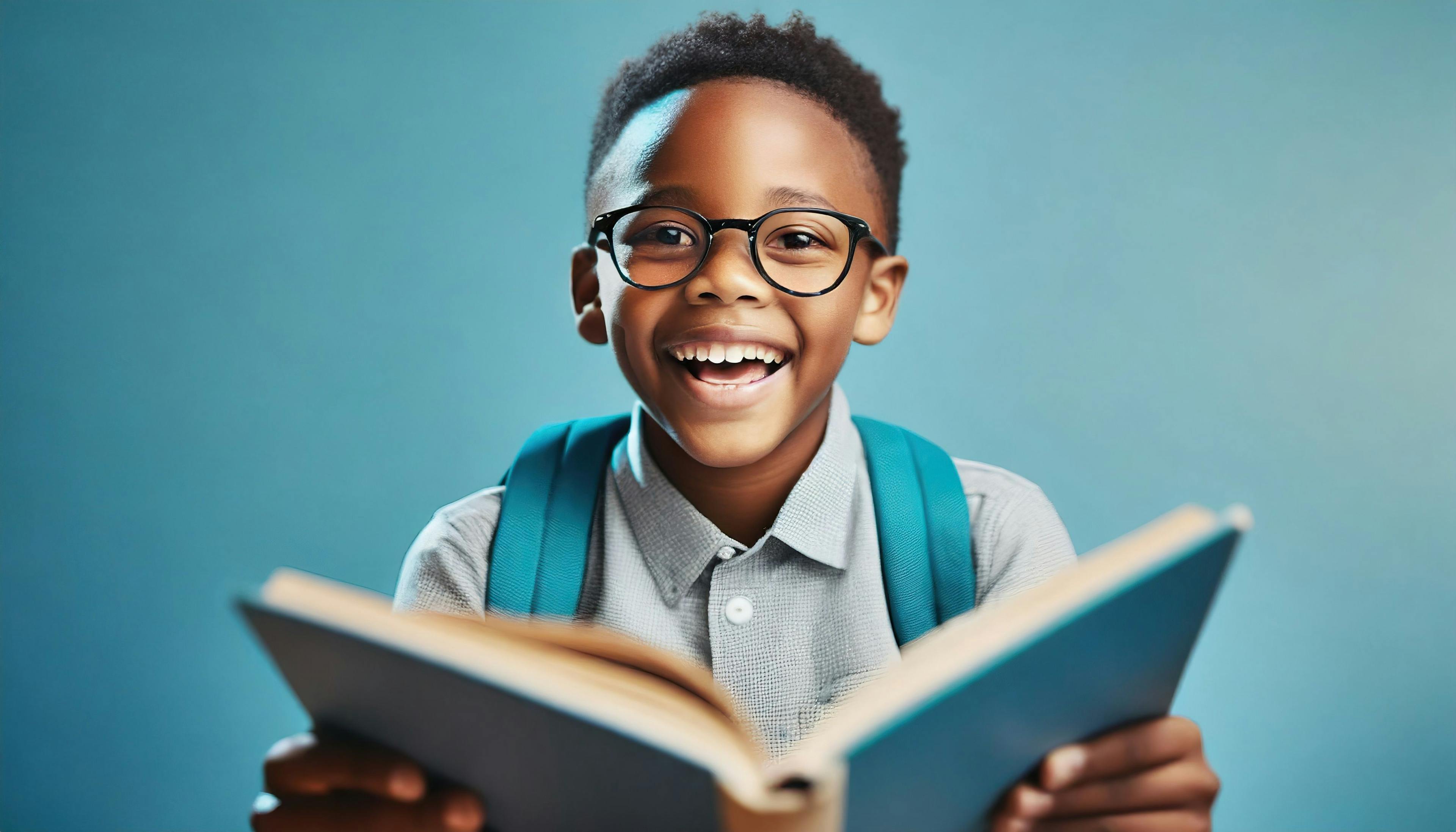 Little boy wearing glasses smiling while reading a picture book